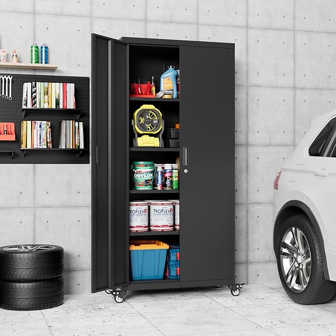Metal Garage Storage Cabinet with Wheels, 73'' Steel Cabinets on Wheels for Office School Home Warehouse Utility Room Garage, Assembly Require,Black