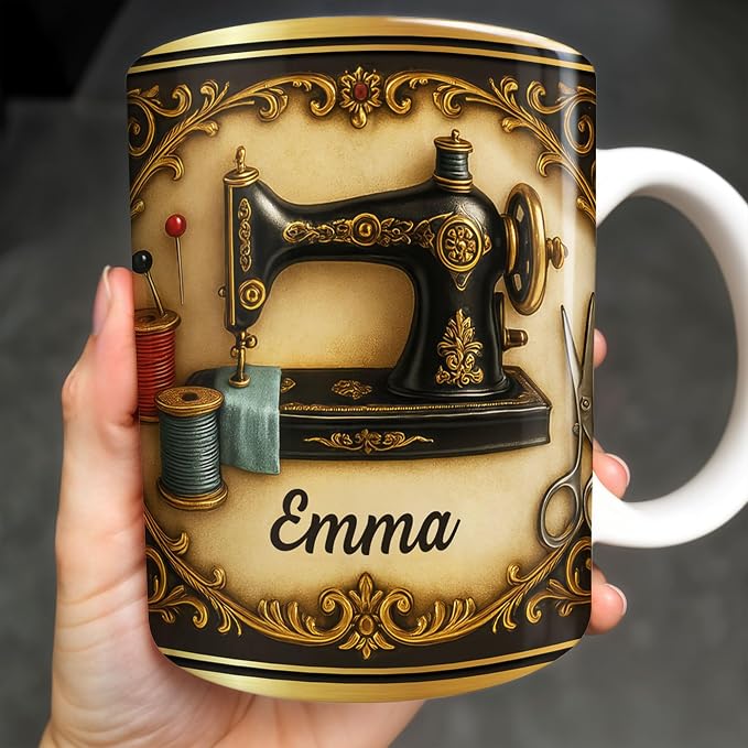 Personalized Classic Sewing Machine Design Coffee Mug, Ceramic Sewing Mug - Image 2