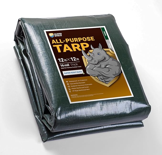 GUARD SHIELD Super Heavy Duty Green/Silver Poly Tarp Cover 12x12 Feet Waterproof 16mil Thick UV and Tear Resistant Tarpaulin with Grommets and Reinforced Edges