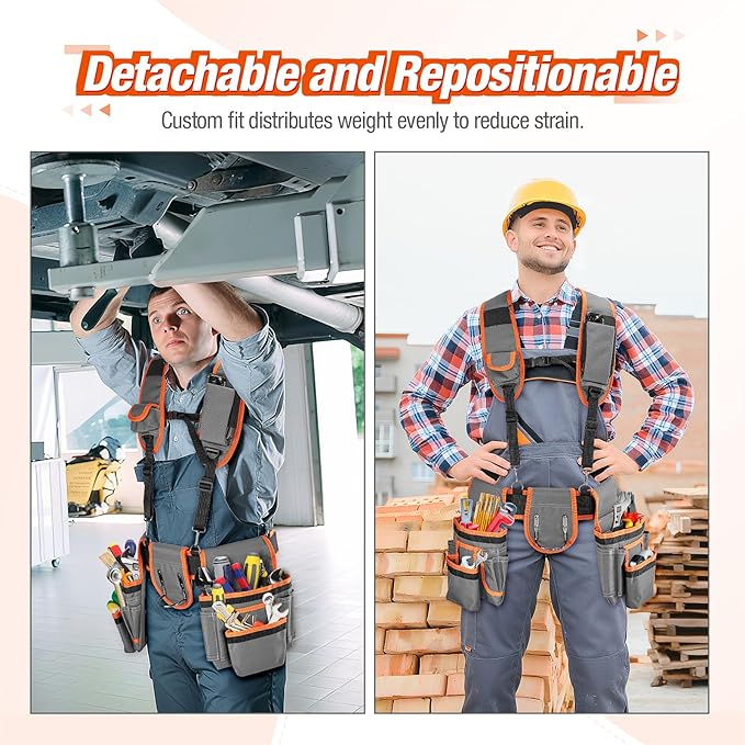 Tool Belt with Suspenders, Heavy-Duty 24-Pocket Work Belt for Electrician, Carpenter, Construction, Detachable & Adjustable Tool Pouch Bag for Men -Fits Waists 33"-48"