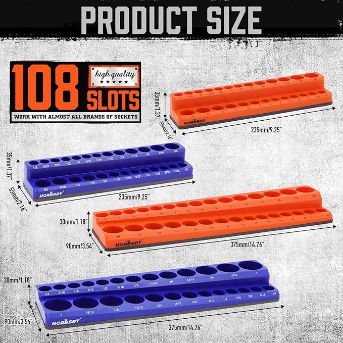 HORUSDY 4-Piece Magnetic Socket Organizer Set, Holds 1/4" & 3/8" SAE & Metric Standard/Deep Sockets, Strong Rubberized Magnetic Base, Durable Plastic Socket Holder for Toolbox & Workbench