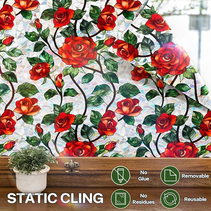 Stain Glass Window Film, Rose Floral Privacy Film - Image 4