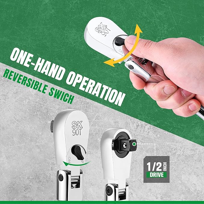 SK 1/2" Drive Flex Head Ratchet Handle, 90-Tooth Ratchet, Premium CR-V Construction, Reversible Design, with Contoured Handle