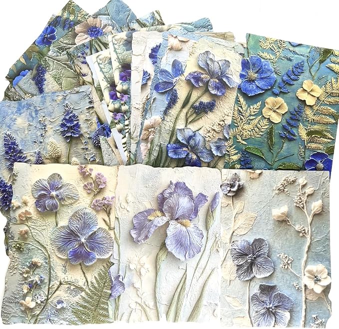 20 Sheets Vintage Blue Flower Scrapbook Paper 3 Sheets Embossed Textured Paper - Image 6