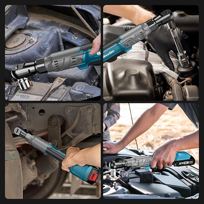 Seesii 21V Cordless Electric Ratchet Wrench Set, 66Ft-lbs 200RPM Power Ratchet Wrench 3/8", Variable Speed Trigger, 2x 2.0A Batteries & Charger, 8 Sockets, 1/4" and 1/2" Adapter, 3" Extension Bar