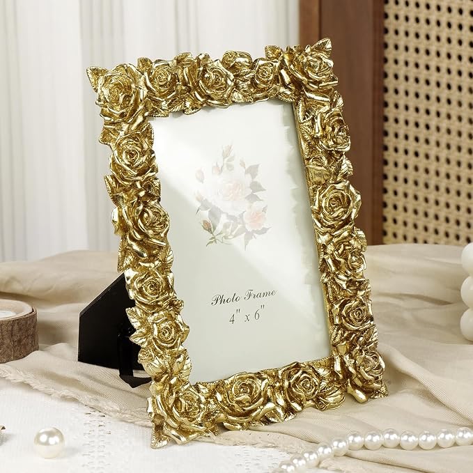 Cuspin 4x6 Picture Frame Vintage Gold Frames, Ornate Rose Flower Resin Photo - Image 7