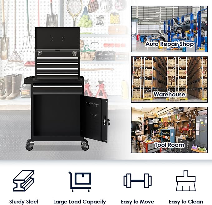 5-Drawer Tool Box with Wheels, Rolling Tool Storage Cabinet with Detachable Top Tool Chest and Locking Mechanism, Metal Tool Cart for Garage Workshop and Room Use (Black)