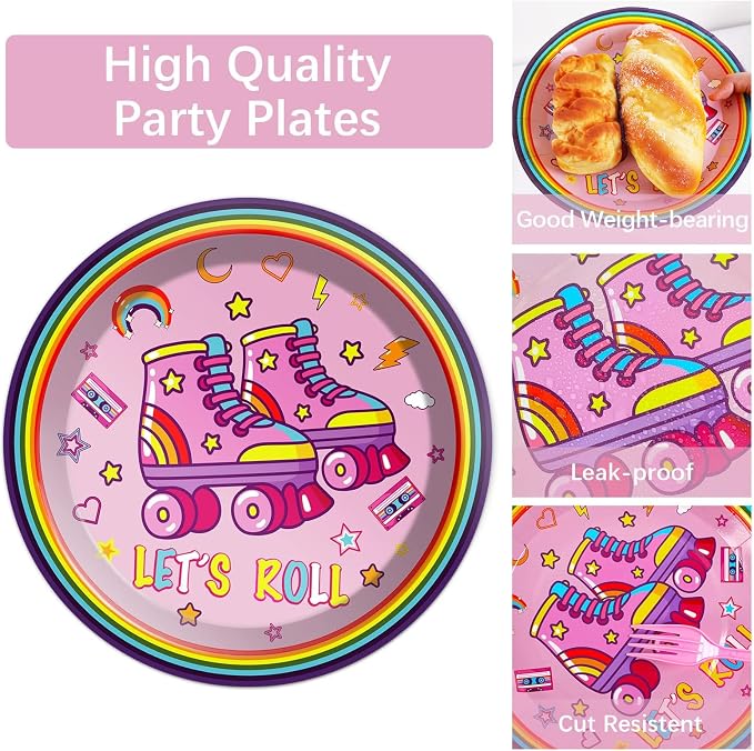 Qyeahkj 100 Pcs Roller Skating Party Plates and Napkins Set Pink Roller Skate - Image 3