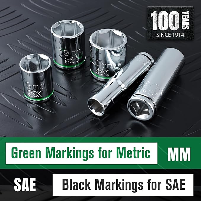 SK 3/8" Drive Socket Set, Deep SAE Sockets, 13-Piece 1/4" to 1", SuperKrome Finish, Premium CR-V Construction, with Aluminum Socket Organizer