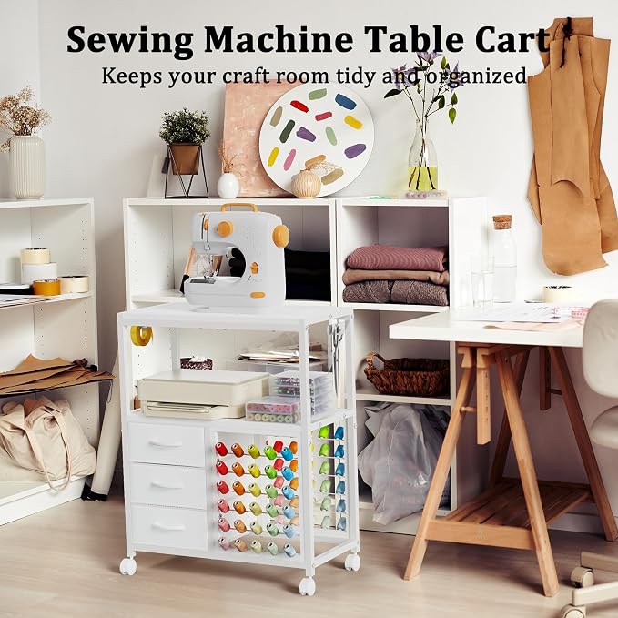 Sewing Table with 60 Spools Thread Holder and 3 Fabric Drawers, Rolling Sewing - Image 2
