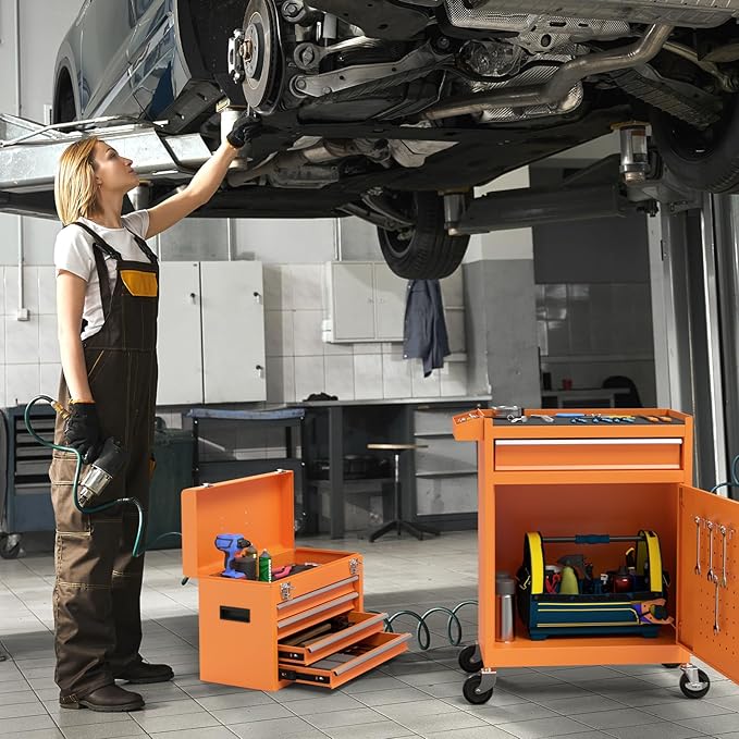 5 Drawer Tools Chest, Tool Cabinet with Universal Lockable Wheels，Tool Box with Detachable Top Box for Workshop(Orange)