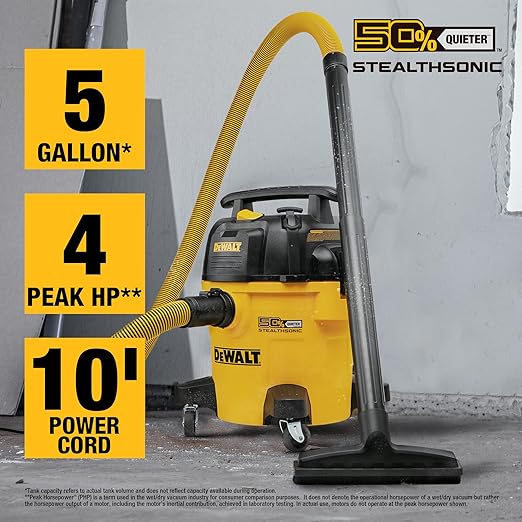 DEWALT Shop Vacuum 5-Gallon 4 HP STEALTHSONIC Wet/Dry Vacuum Cleaner DXV05P-QTB Ultra Quiet Poly Shop Vacuum with Powerful Suction for Garage, Jobsite, and Workshop