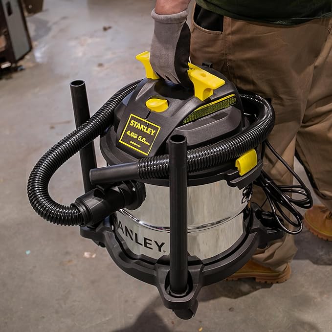 STANLEY Wet Dry Vac, 5 Gallon Portable Shop Vacuum Wet/Dry, 4 Horsepower, Stainless Steel Tank, 4.0 HP, Silver+Yellow, SL18115
