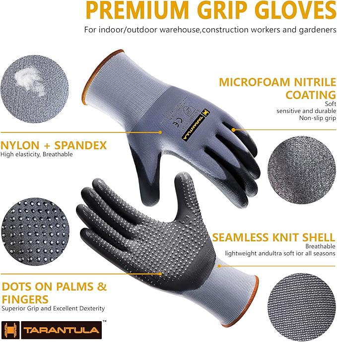 Tarantula Safety Work Gloves MicroFoam Nitrile Coated 3 Pairs,Endurance Seamless Knit Nylon,Dots on Palm,Dot Grip Gloves,Lagre