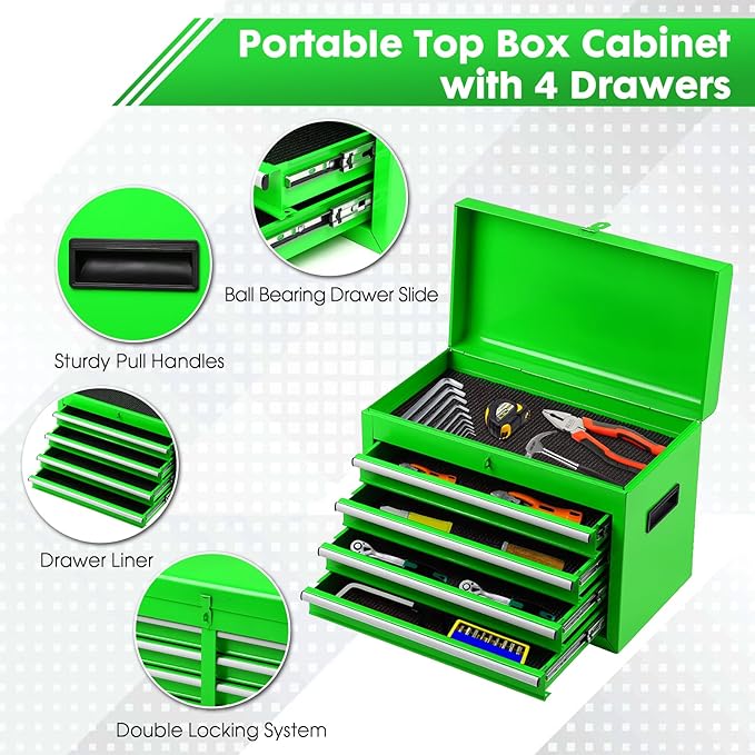 5-Drawer Rolling Tool Chest with Wheels - Large Tool Storage Cabinet with Detachable Toolbox for Repair Room,Warehouse - Rolling Tool Box with Hooks,Liners, Green