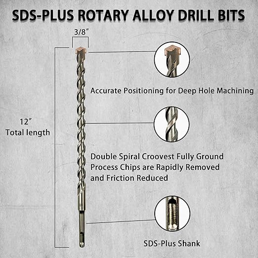 Direko 10-Piece 3/8 inch x 12 Inch SDS Plus Rotary Hammer Drill Bits Carbide Tipped Concert Drill Bits for Concrete, Brick, Cement Walls, Stone, Hammer Drill Bits for Concrete