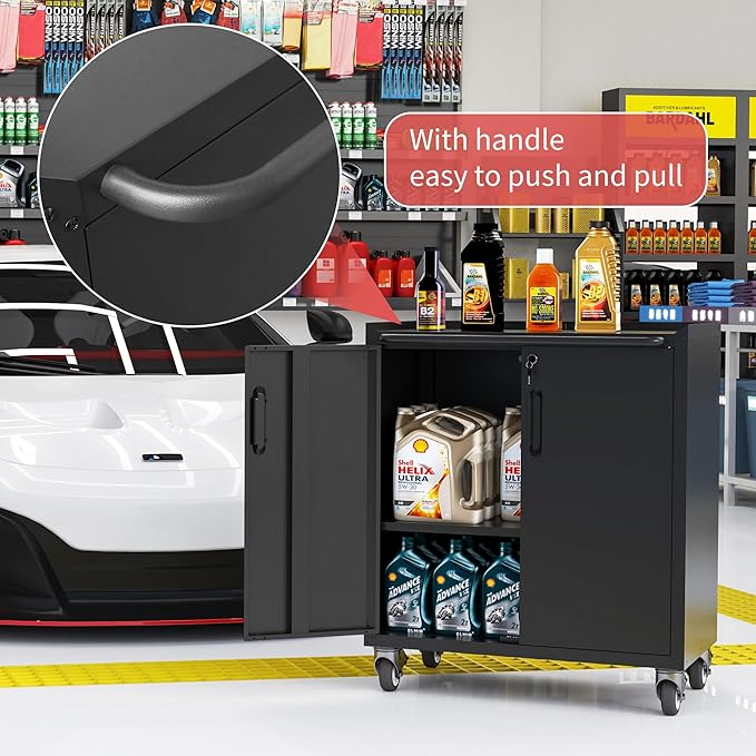Metal Tool Storage Cabinet for Garage,Mobile Heavy Duty Garage Tool Chests & Cabinets with Lockable Doors,Black Rolling Tool Cabinets with Wheels,Assembly Required
