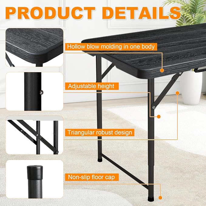4ft Folding Table, Portable Fold-in-Half Adjustable Height Utility Table - Image 4