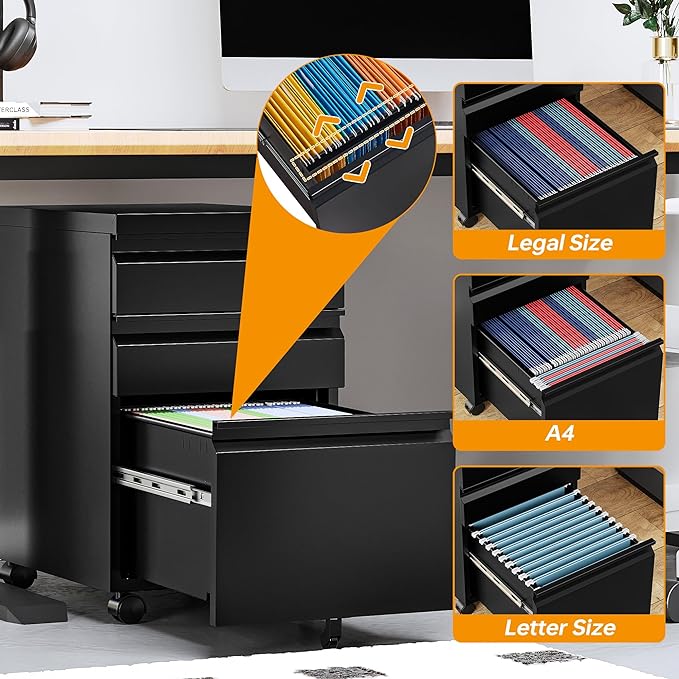 STANI 3 Drawer Mobile File Cabinet with Lock Rolling Mobile File Cabinet Locking Office Mobile Cabinet with Wheels Under Desk Office Drawers Metal Filing Cabinet Fully Assembled