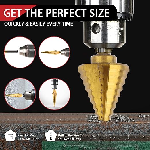 Step Drill Bit Set, 6 Pcs High-Speed Steel Step Drill Bit with Automatic Center Punch for Metal, Wood, Plastic, 50 Sizes HSS Step Bit with Aluminum Case for DIY Lovers, 1/8" to 1-3/8"