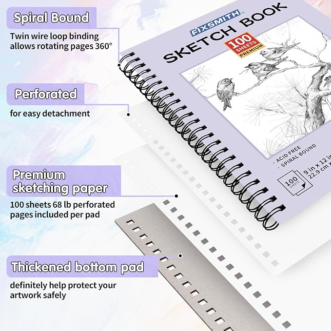 FIXSMITH 9"X12" Purple Sketch Book, 400 Sheets Spiral Sketchbook, Acid Free - Image 3