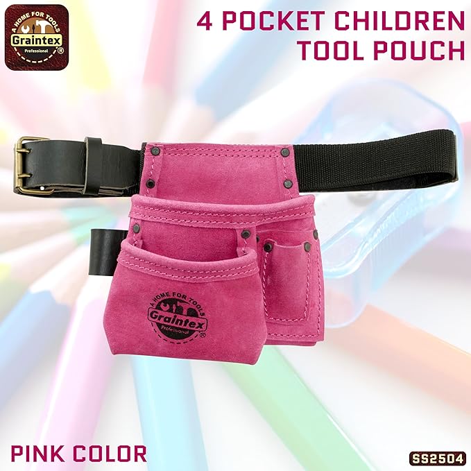 Graintex 4 Pocket Children Tool Pouch Suede Leather with Leather Belt and Hammer Loop