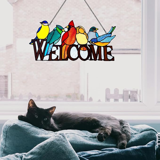 6 Birds Stained Glass Welcome Sign - Image 6