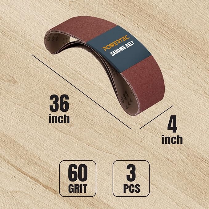POWERTEC 3PK 4x36 Sanding Belts, 60 Grit Aluminum Oxide, 4 x 36 Inch Sanding Belts for Benchtop Belt and Disc Sander, Belt Sandpaper, Woodworking, Metalworking, Paint, Rust Removal (110633)