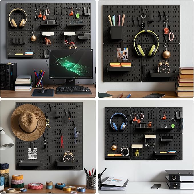 4Pcs Black Peg Board Wall Organizer, Plastic Pegboard Panel, Garage Storage Tool Organizer for Wall, Craft Room, Kitchen, Workshop, Office, Includes Hooks and Bins