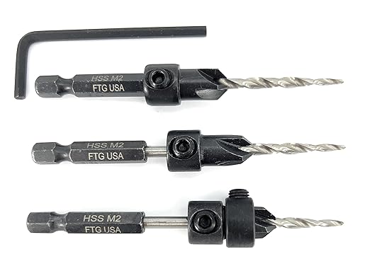 FTG USA Countersink Drill Bit Set for Wood with Tapered Drill Bit 3 Pc #6 (9/64")