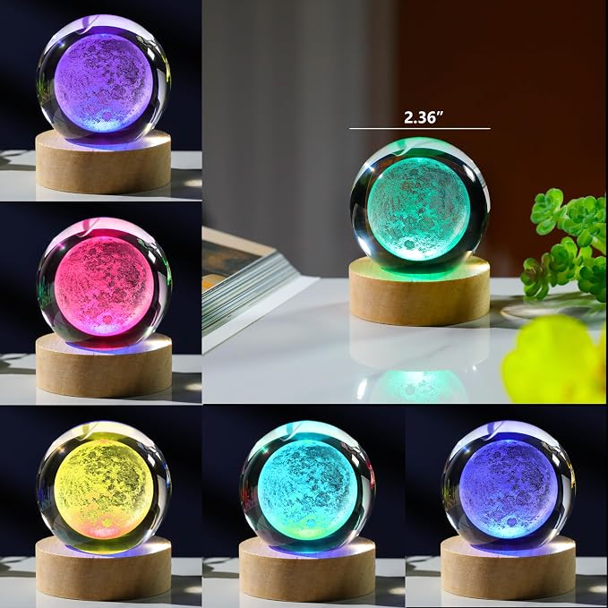 3D Moon Crystal Ball with LED Colorful Lighting Touch Base, Moon Decor Science - Image 3