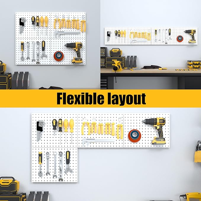 Peg Board, 4 Pack Metal Pegboard Panels White Pegboards Wall Organizer with Bent Frame Heavy Duty Peg Board for Walls Home, Garage Tool Storage, Office Organization, Craft Room, Kitchen