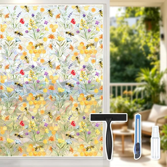 Yellow Floral Window Film, Static Cling Decorative Window Sticker, Non-Adhesive by Ohhvvow