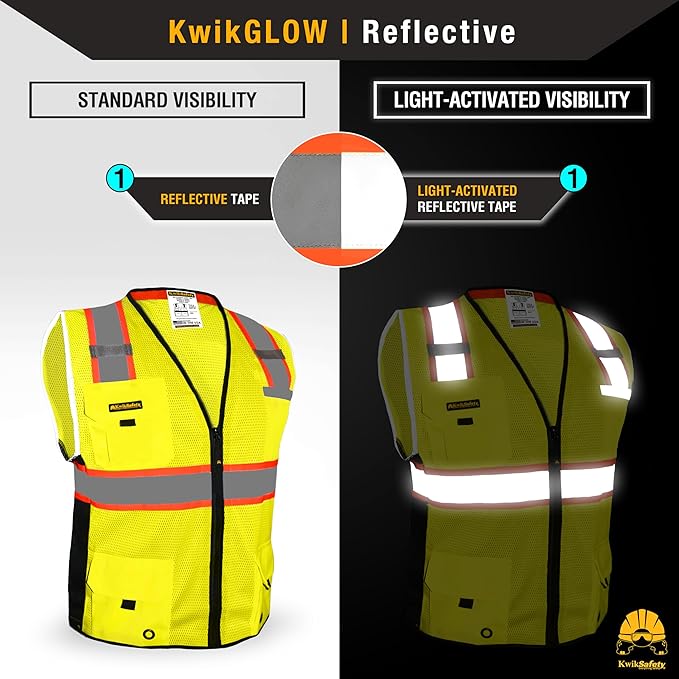 KwikSafety - Charlotte, NC - BIG KAHUNA Safety Vest [11 Pockets] Class 2 ANSI OSHA Reflective Vest Durable High Visibility Vest Construction Safety Vest for Men Industrial Work Gear/Yellow Small