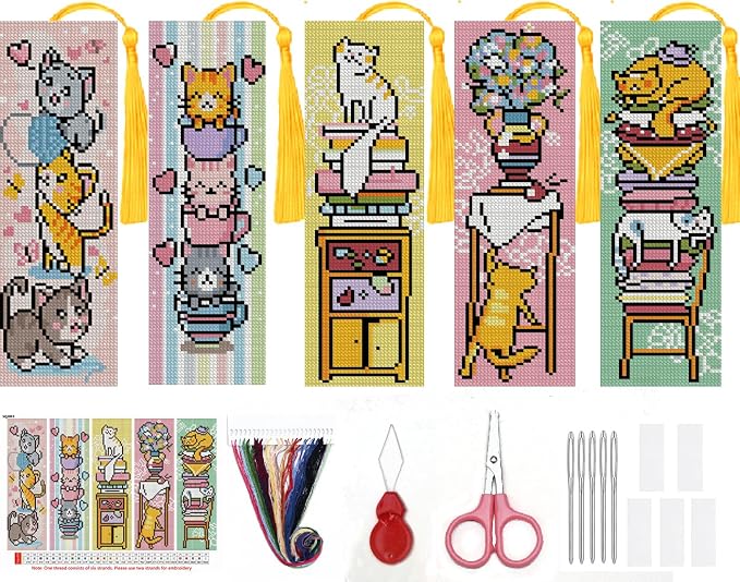 5pc Cat Bookshelf Stamping Cross Stitch Kit by Paintcolordiamondpainting