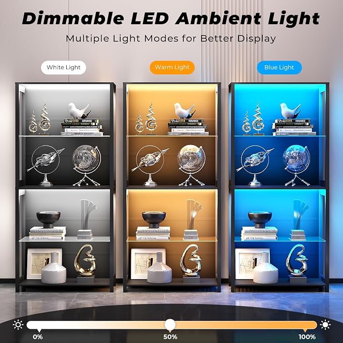 Display Cabinet with Glass Shelves, 4-Tier Display Shelf with LED Lights - Image 3