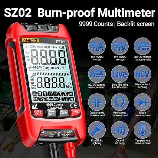 ANENG Multimeter,TRMS 9999 Counts Voltage Tester,Auto-ranging Ohm Amp Volt Meter Measures AC/DC Current,Voltage,Resistance,Continuity,Capacitance,diodes, NCV,Anti-Burning Electrical Tools