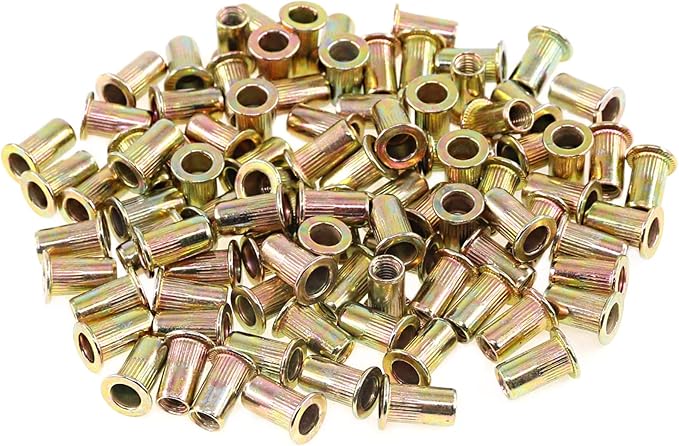 Keadic 150Pcs M5 Rivet Nuts Metric Zinc Plated Rivet Nut Carbon Steel Rivet Nut Flat Head Threaded Insert Kit Threaded Rivet Insert Nutsert Rivnuts Kit for Furniture