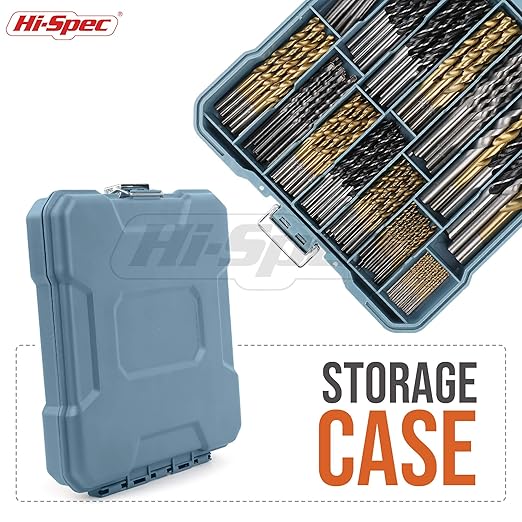 Hi-Spec Drill Bit Set 130pc Multi SAE – 11 Sizes 1/16in to 3/8in – HSS Titanium, Masonry & Brad Point Steel Bits – Drill Bits for Metal, Wood, Plastic, Drywall, Brick & Concrete – with Tray Case