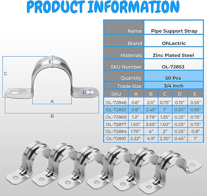 OHLECTRIC Heavy Duty Pipe Strap (50 Pack - ¾ Inch) Zinc Plated Steel Conduit Clamps, 2 Hole Steel EMT Pipe Strap U Bracket, Zinc Coated Tension Tube Clip, Metal Pipe Clamp for EMT Conduits