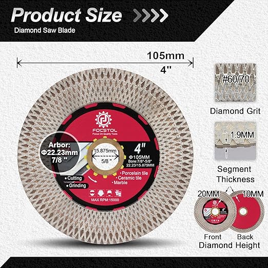 Diamond Tile Saw Blade - 4''(105mm) Cutting & Grinding Disc Wheel for Porcelain Ceramic Tile Marble Granite Artificial Stone with X Mesh Rim for Angle Grinder