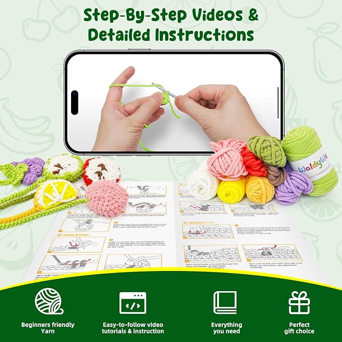 WaldyWop Crochet Kit for Beginners: 5 PCS Fruit Bookmarks Crochet Kits w/ 40% - Image 3