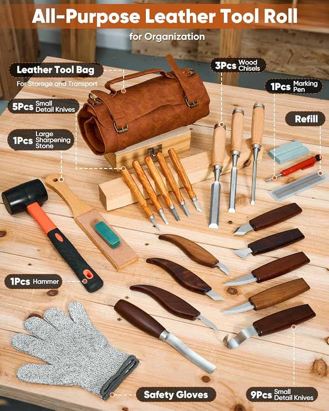SakerNeo Deluxe Wood Carving Kit whittling kit, 25 Piece Wood Carving Tools - Image 2