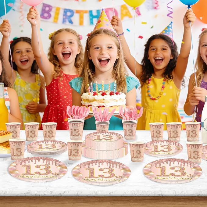 168 Pcs 13th Birthday Party Decorations Pink Rose Gold Plates Napkins Cups - Image 5