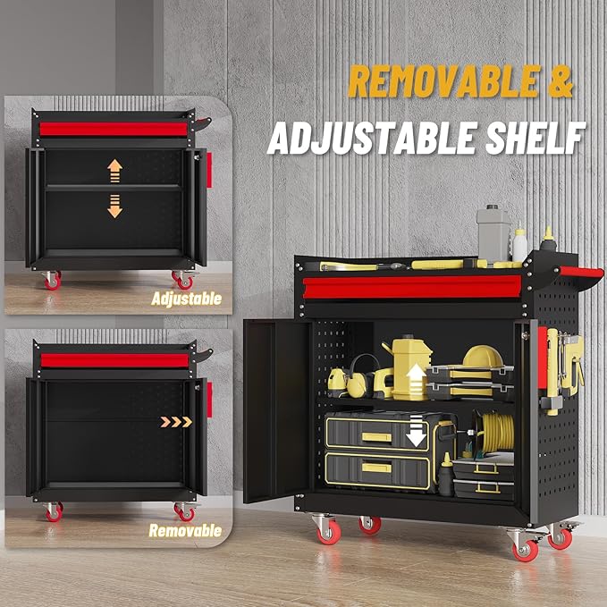 Rolling Garage Cabinets, Garage Storage Cabinet with Wheels and Workbench, Metal Cabinet with Doors and Shelf, Lockable Metal Storage Cabinets, for Home,Garages, Repair Stores, Warehouses