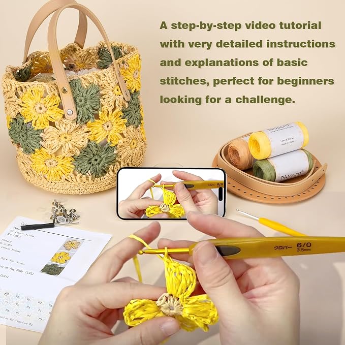 Noocro Crochet Kit for Intermediate or Advanced Level, Floral Raffia Bucket Bag - Image 5