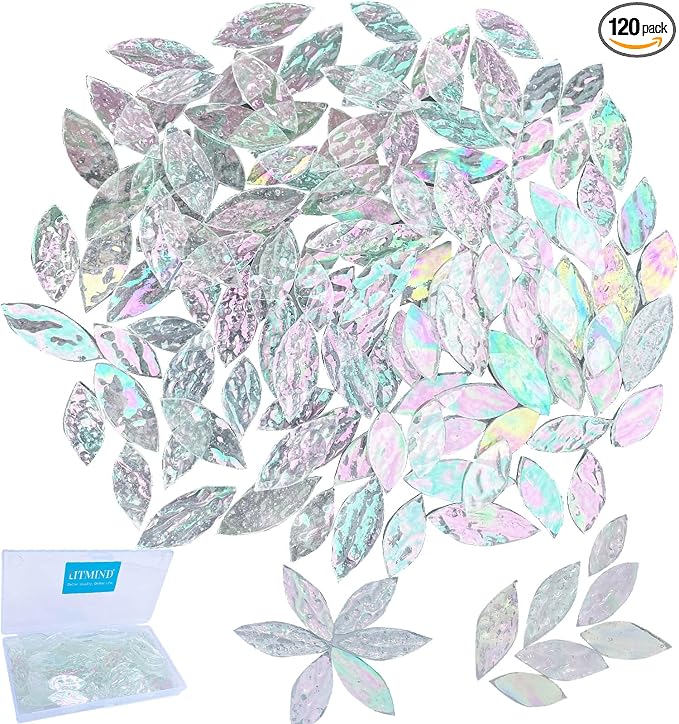 LITMIND 120 Pieces Iridescent Textured Transparent Mosaic Glass Petals & Leaves by LITMIND