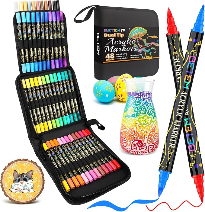 Betem Dual Tip Acrylic Paint Pens, 48 Colors Paint Markers by BetemArtWorld