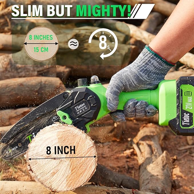 Tietoc Mini Chainsaw 8 inch Cordless with 2x 4000mAh Batteries, Battery Powerd Chain saw with Oiler, Lightweight Handheld Saw for Household & Garden, Gifts for Men, Dad, Husband, Gardener and DIYer