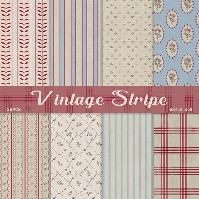 PRSTINCOL Scrapbook Paper, 16 Sheets 4.1x5.8 Inch Vintage Stripe Style by PRSTINCOL